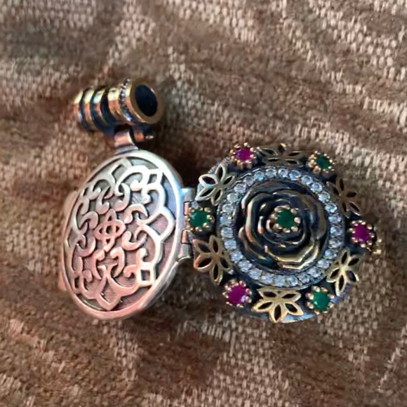 Ruby Emerald Topaz Silver Locket Pendant Celtic Infinity Knots, Lotus & Rose - Picture 9 of 11